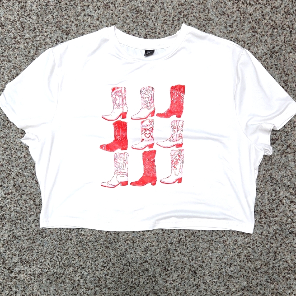 SHEIN White Tee with Red Boot‎ Design